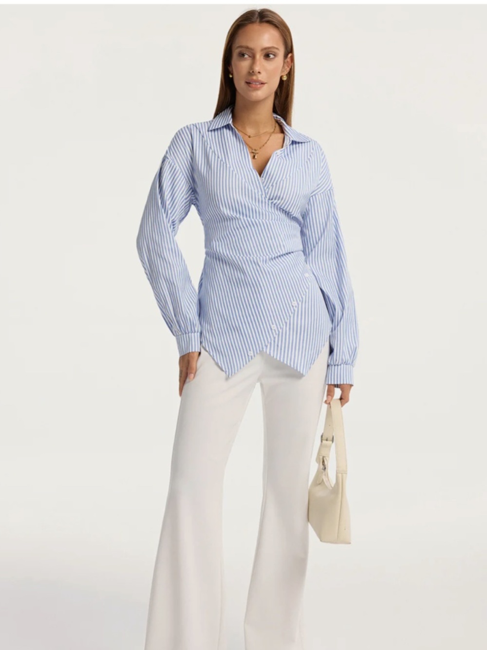 NEW Commense Striped Blue & White Blouse wrap look w/ bow tie back Medium - Picture 7 of 9